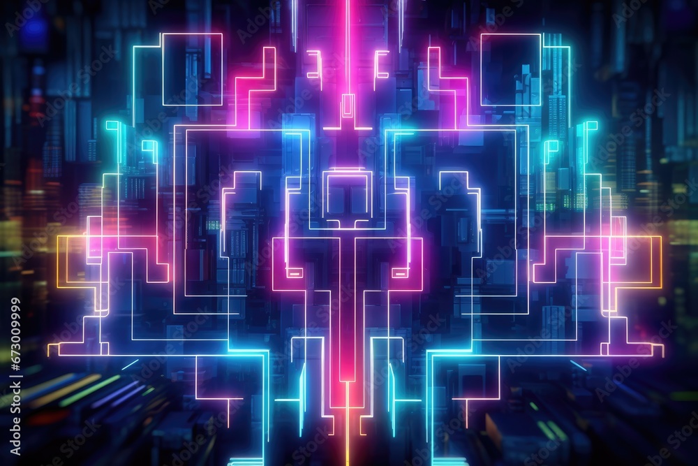 Neon lights. Abstract electronic art in a dark. Geometric shapes and vibrant colors in a cyber corridor.