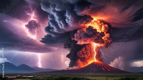 Volcano erupting with lightning in the sky. 4K - 8K - 12K TV. Generative AI.