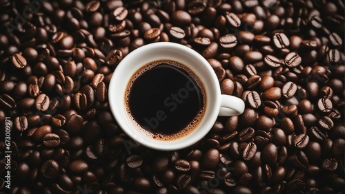 AI generated illustration of an aromatic cup of coffee atop a bed of freshly-roasted coffee beans