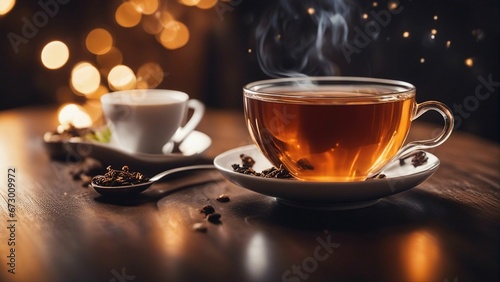 AI generated illustration of a close-up of a steaming mug of tea placed on a wooden table