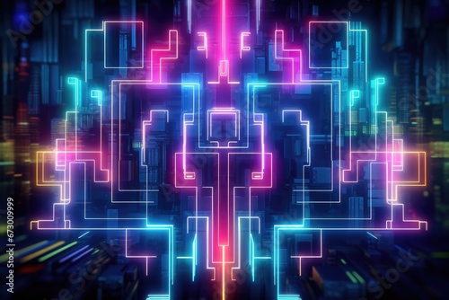 Neon lights. Abstract electronic art in a dark. Geometric shapes and vibrant colors in a cyber corridor.