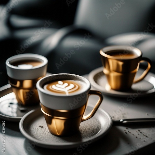 three cups with coffee on a tray sitting on top of a bullshit couch