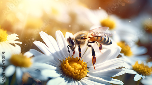 bee on daisy flower collecting nector,Dewy Bee on a Blooming Flower,Honey Bee Closeup with Water Droplets,AI Generative  photo