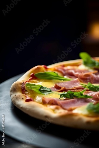 AI generated illustration of a freshly-prepared pizza topped with a variety of vegetables and meats