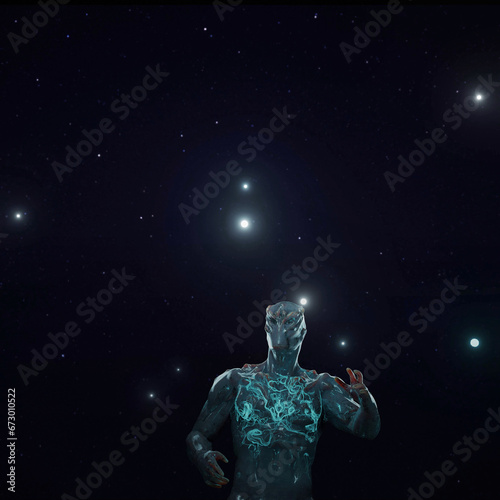 A fantastic creature from another dimension, a cosmic god in interstellar space, a fantastic 3d illustration. An anthropomorphic alien with a translucent body and a radiant nervous system