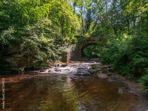 Cascade on River with Old Bridge