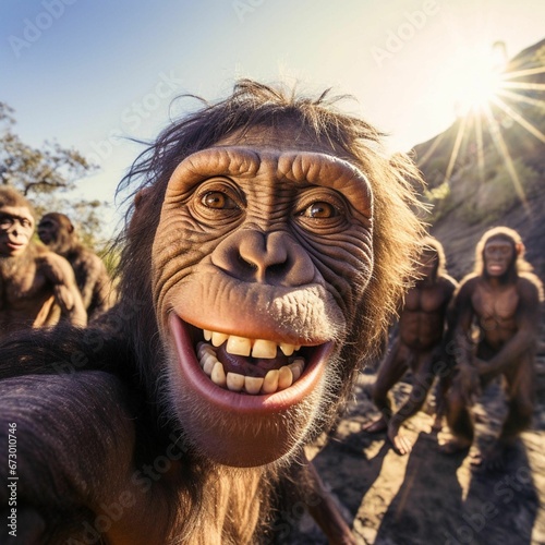 Monkey taking a selfie on a sunny day, AI-generated.