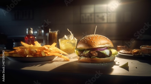 AI generated illustration of a burger with a juicy beef patty, and a side of crunchy french fries photo