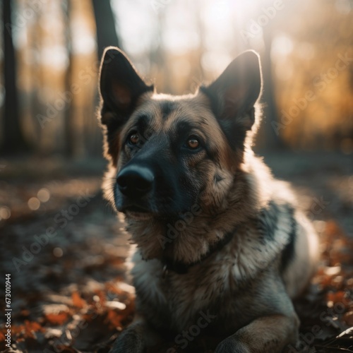 AI generated illustration of a German shepherd in a grassy field, looking off into the distance