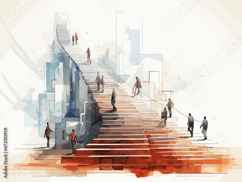 Drawing of Business team race to the top stair illustration separated, sweeping overdrawn lines.