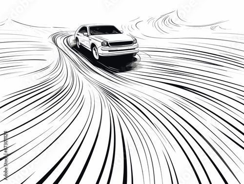 Drawing of Car driving through the road illustration separated, sweeping overdrawn lines.