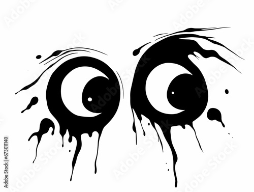 Drawing of Cartoon black ink blot with eyes illustration separated, sweeping overdrawn lines.