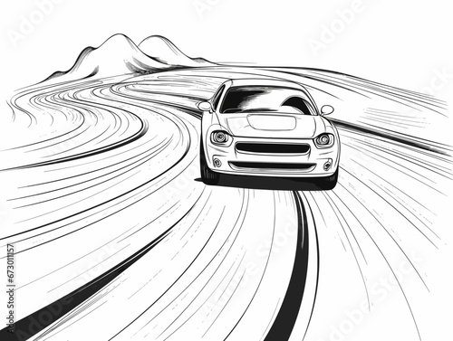 Drawing of Car driving through the road illustration separated, sweeping overdrawn lines.