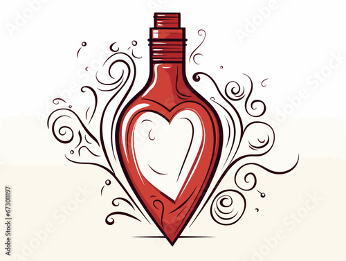 Drawing of Cartoon illustration of red heart inside a wine bottle illustration separated, sweeping overdrawn lines.