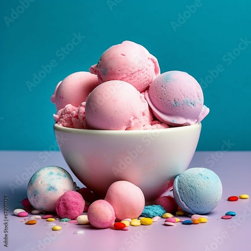 AI generated illustration of a bowl of ice cream with various flavors and sprinkles