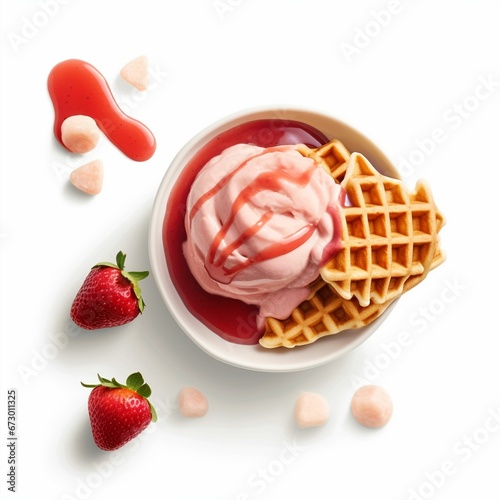 AI generated illustration of ice cream with strawberry flavor and waffles