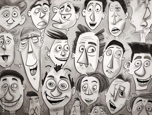 Drawing of Collection of cartoon character faces illustration separated, sweeping overdrawn lines.