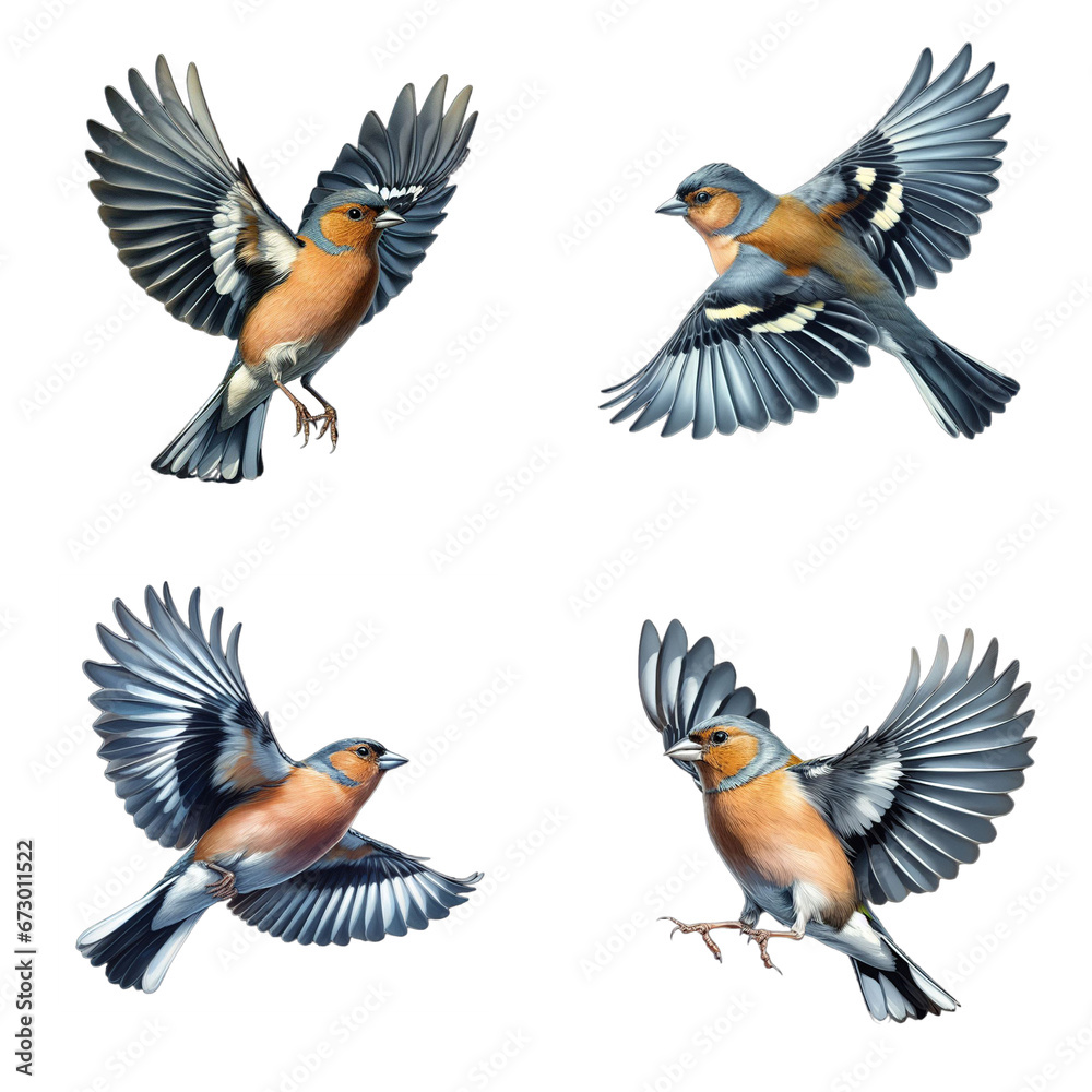 Obraz premium A set of Eurasian chaffinches flying on a transparent background