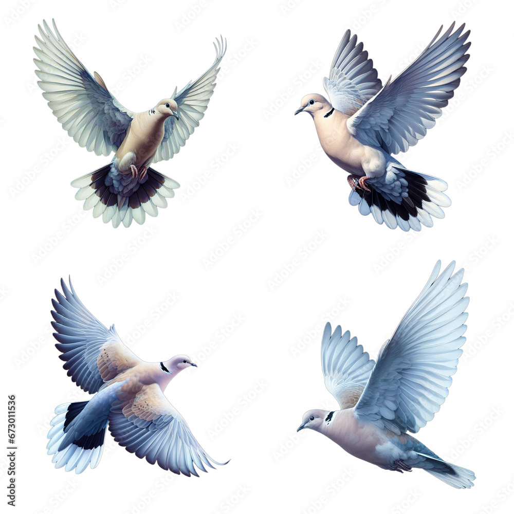 A set of Eurasian collared doves flying on a transparent background A set of Eurasian collared doves flying on a transparent background