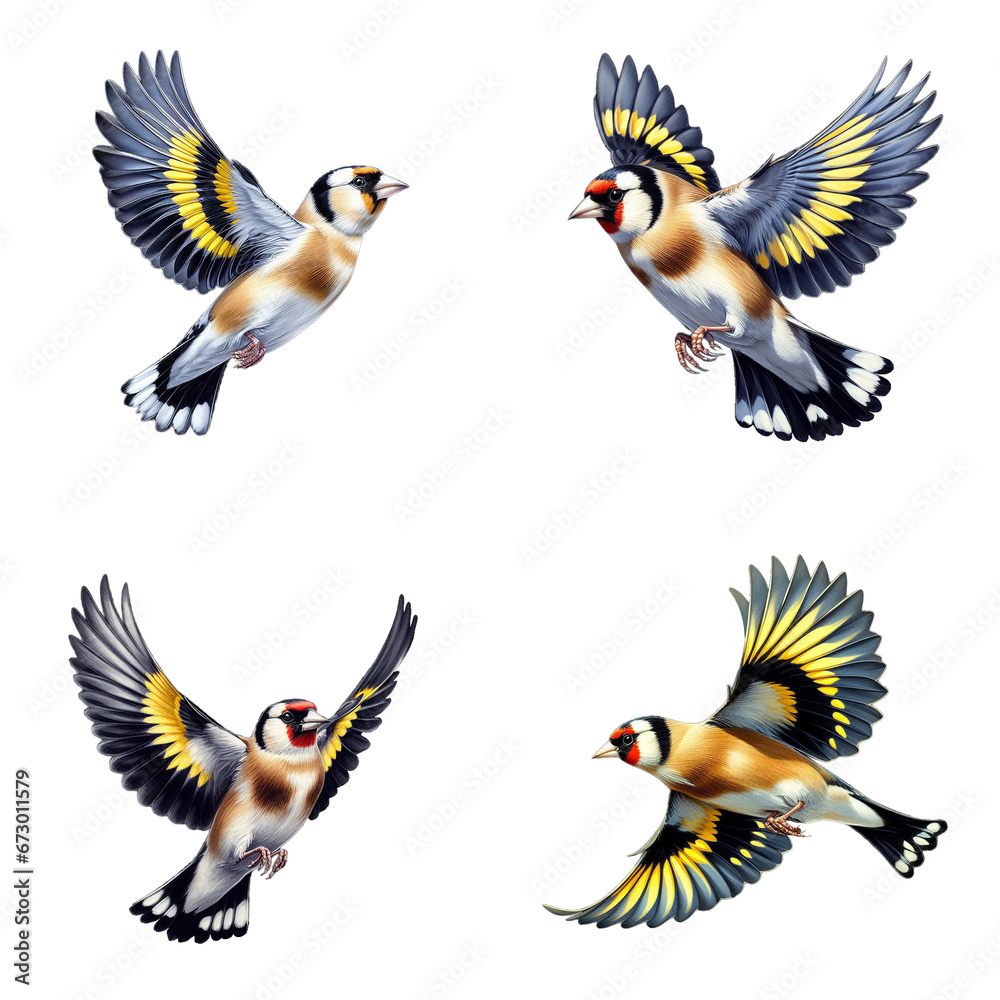 Fototapeta premium A set of European goldfinches flying on a transparent background