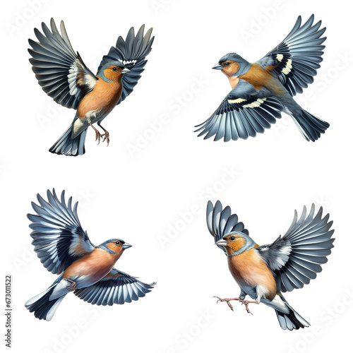 A set of male and female Eurasian chaffinches flying on a transparent background © DLW Designs