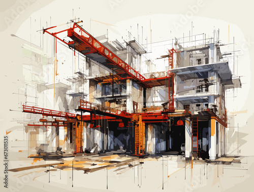 Drawing of Construction drawing illustration separated, sweeping overdrawn lines.