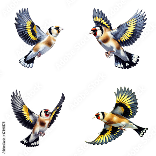 A set of male and female European goldfinches flying on a transparent background