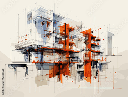 Drawing of Construction drawing illustration separated, sweeping overdrawn lines.