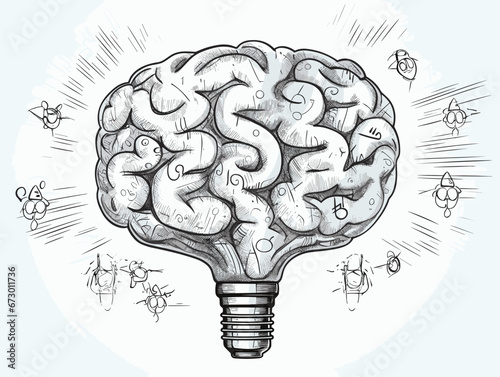Drawing of Creative bulb with brain brain with clouds with gears illustration separated, sweeping overdrawn lines.