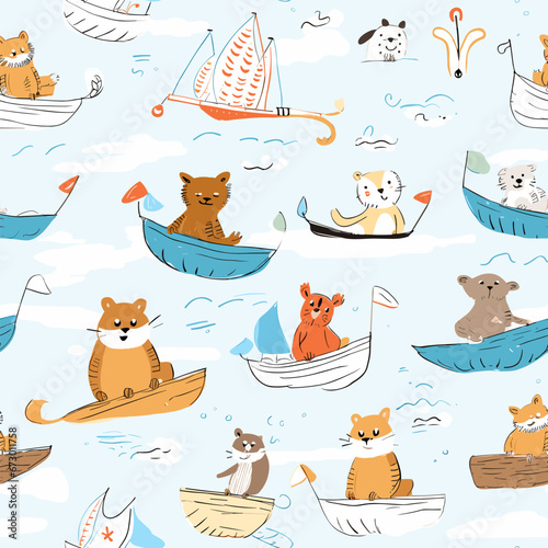 Drawing of Cute animals in boats kids sea pattern design illustration separated, sweeping overdrawn lines.
