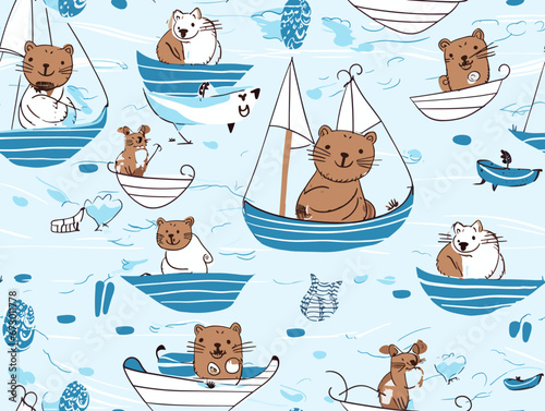 Drawing of Cute animals in boats kids sea pattern design illustration separated, sweeping overdrawn lines.