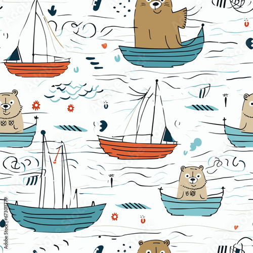 Drawing of Cute animals in boats kids sea pattern design illustration separated, sweeping overdrawn lines.