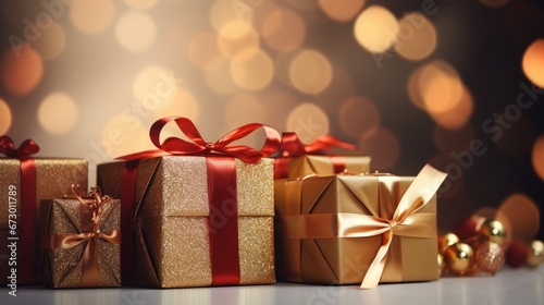 A stack of gift boxes with gold ribbons on a blurred background of lights. The concept is Christmas and gift giving.