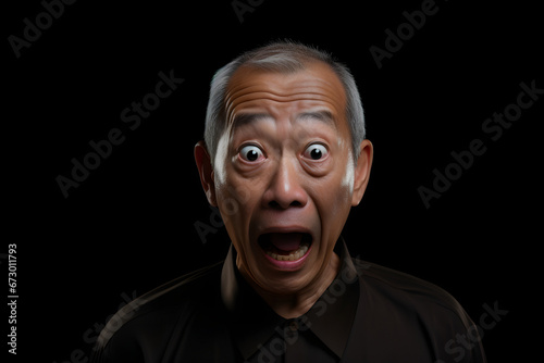 Surprised gray-haired Asian man on black background. Neural network generated image. Not based on any actual person or scene. © lucky pics