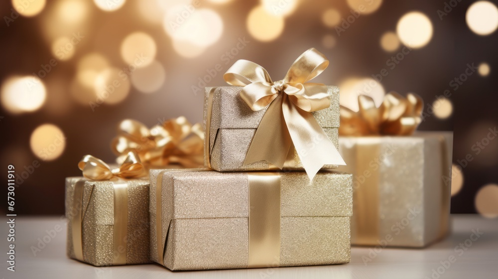 A stack of Christmas presents with gold ribbons on a wooden table with a blurred background of lights. The concept is Christmas and gift giving.