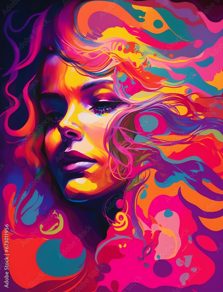 AI generated illustration of a young female with vibrant colorful splashes