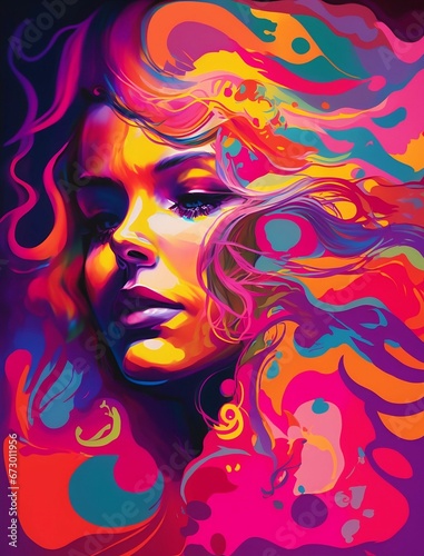 AI generated illustration of a young female with vibrant colorful splashes
