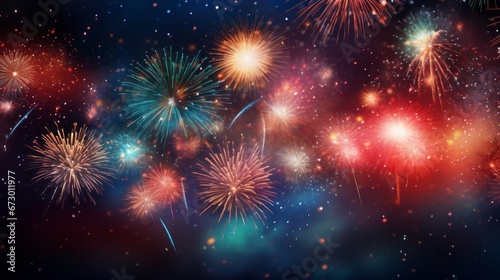 A colorful and festive image of fireworks in the night sky. The fireworks create a dazzling and spectacular show of light and sparks.