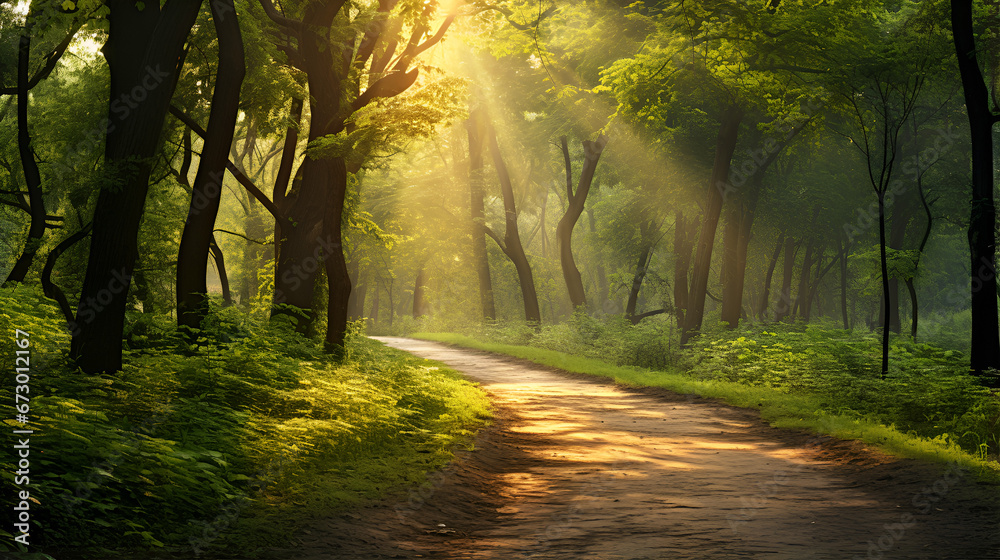 morning in the forest,A Peaceful Pathway Through a Sun-Dappled Forest,Serene Forest Path with Sunlight Filtering Through the Trees,AI Generative 