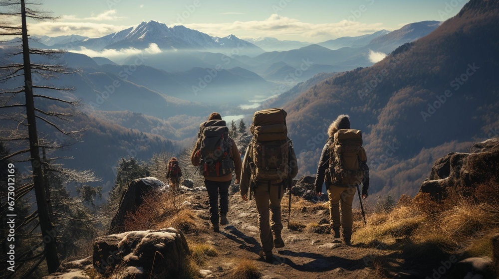 AI generated illustration of a group of hikers walking up a winding trail surrounded by mountains