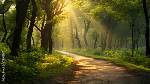 morning in the forest,A Peaceful Pathway Through a Sun-Dappled Forest,Serene Forest Path with Sunlight Filtering Through the Trees,AI Generative 