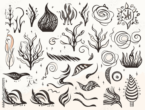 Drawing of elements set with textures and arrrows. illustration separated, sweeping overdrawn lines.