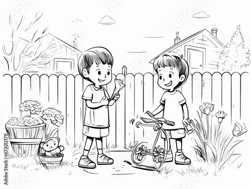 Drawing of Drawing garden children style illustration separated, sweeping overdrawn lines.