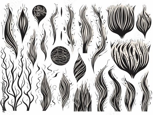 Drawing of elements set with textures and arrrows. illustration separated, sweeping overdrawn lines.