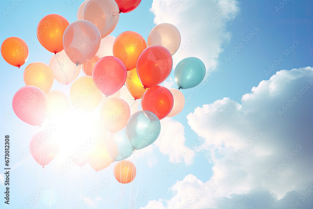 The sun shining through the bunch of balloons flying in the sky The sun shining through the bunch of balloons flying in the sky