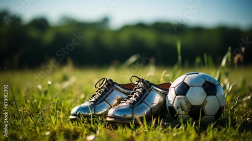 AI generated illustration of a pair of football boots and a ball on a lush green grass