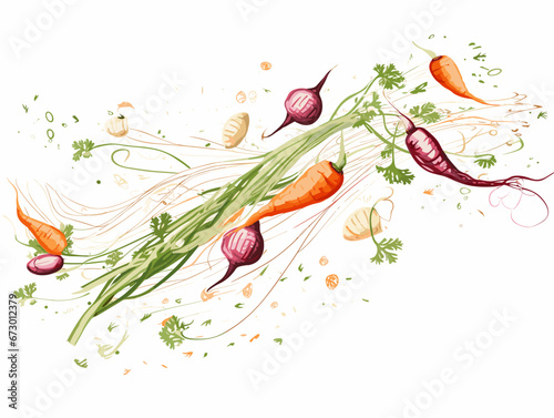 Drawing of Falling vegetables illustration separated, sweeping overdrawn lines.
