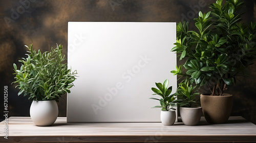 Blank white canvas with room for custom copy surrounded by green potted plants