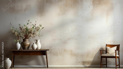 AI generated illustration of a minimalistic interior with potted plants and a beige wall