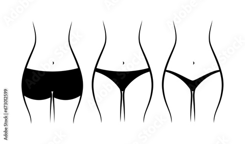 Types of woman panties front view vector isolated on white background.